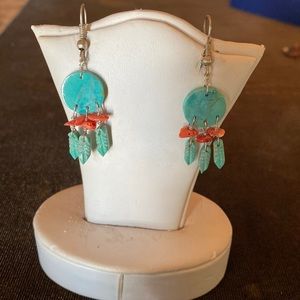 Santa Domingo turquoise and chip coral carved drum & feather earrings